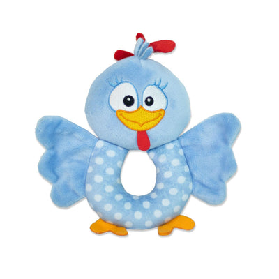 Sonaja y mordedera sensorial de peluche de la gallina pintadita