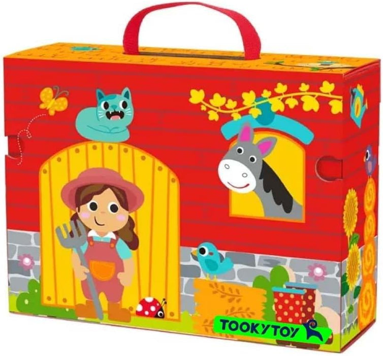 Tooky Toy Maleta de Granja con Animales y Accesorios de Madera, 35 Piezas, Tren Magnético y Vías, para Niños de 2 a 4 Años