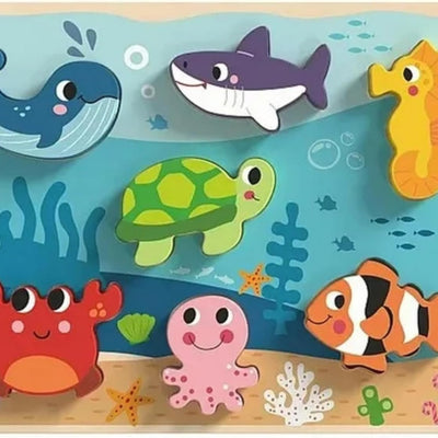 Rompecabezas de Madera de Animales Marinos con Diferentes Capas, Juguete Preescolar Chunky de 8 Piezas,Didactico - Tooky Toy