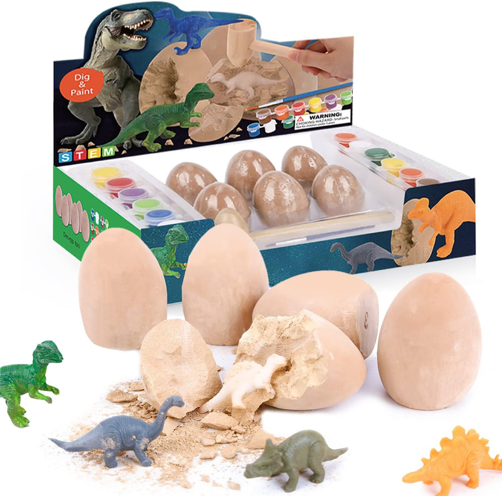 Kit de excavación de huevos Dino – 6 dinosaurios para excavar y pintar; juguetes STEM para niños de 5 años +