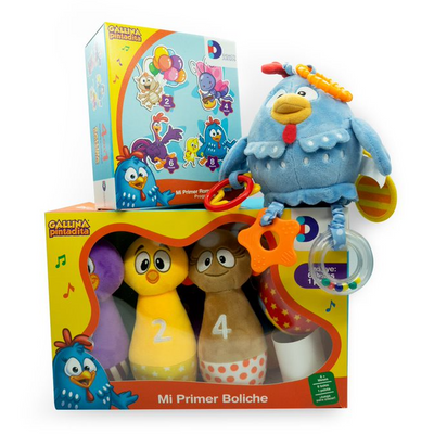 Kit de Boliche, Peluche 5 actividades y Rompecabezas Progresivo Gallina Pintadita
