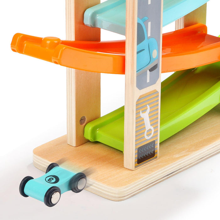 TOP BRIGHT - Pista de madera para coches de juguete con 4 coches pequeños y  con 3 cocheras de madera para niños de 1, 2 o 3 años de edad