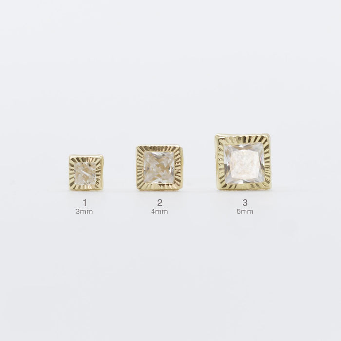 Arete Broquel Cuadro Oro 10K Bisel Diamantado Circonia